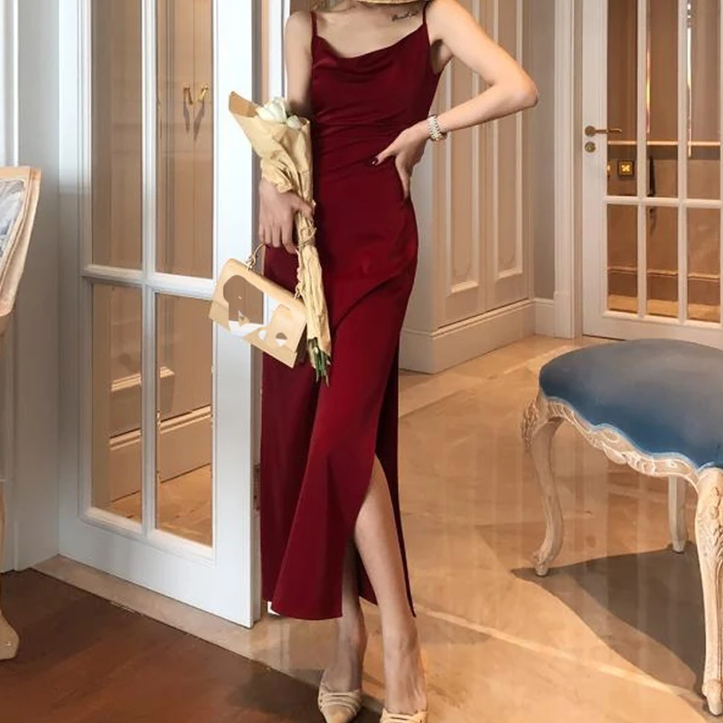 

Burgundy Satin Dress Elegant Birthday Women's Gowns Fashion Party Dresses for Women 2023 Summer Sexy Spaghetti Strap Outfit