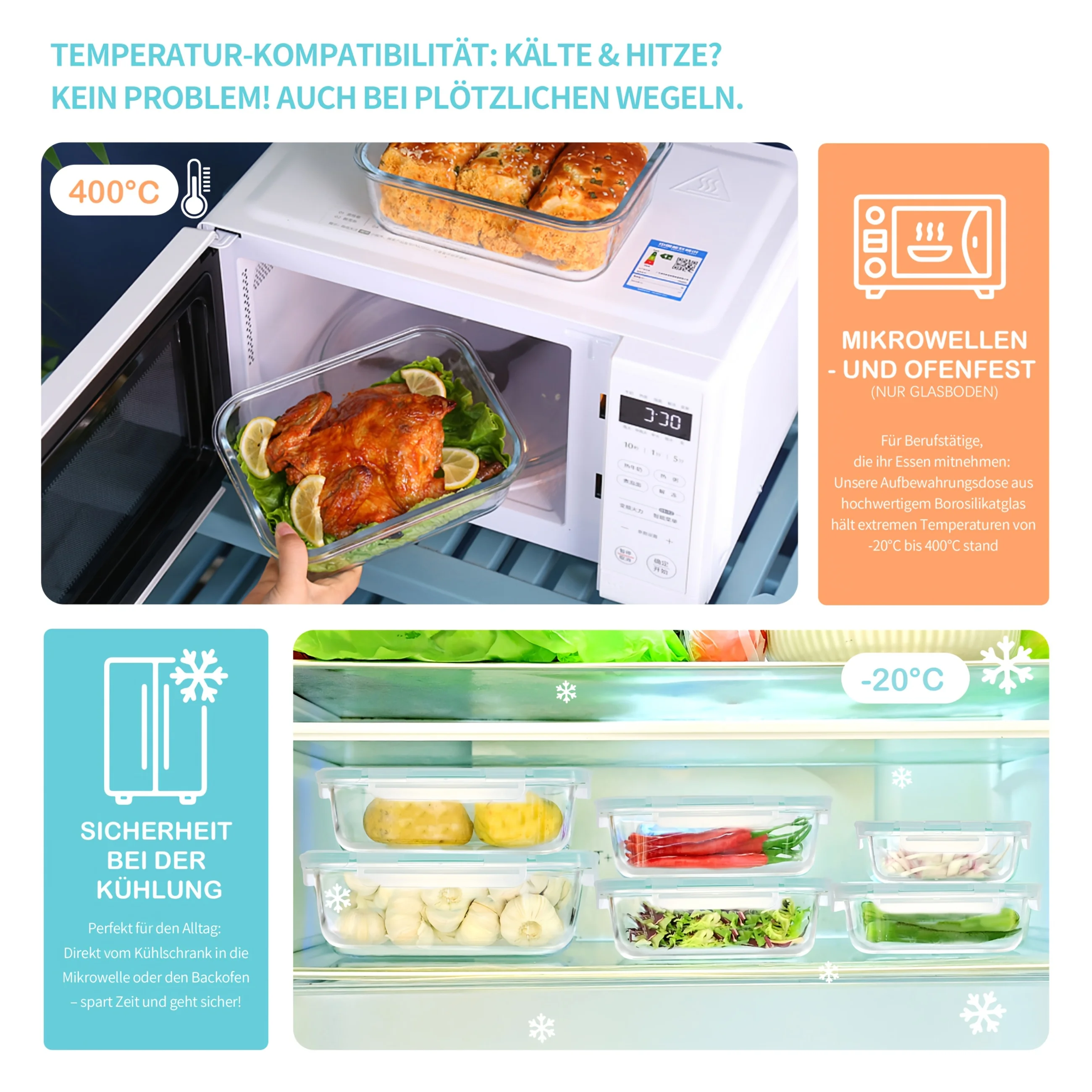 Saeiv 4/8-teiliges Glas-Aufbewahrungsbehälter-Set mit Deckeln, 1040ml Lebensmittelbehälter, Aufbewahrungsboxen mit Deckeln, geeignet für Mikrowelle, Kühlschrank und Spülmaschine – Detail 7