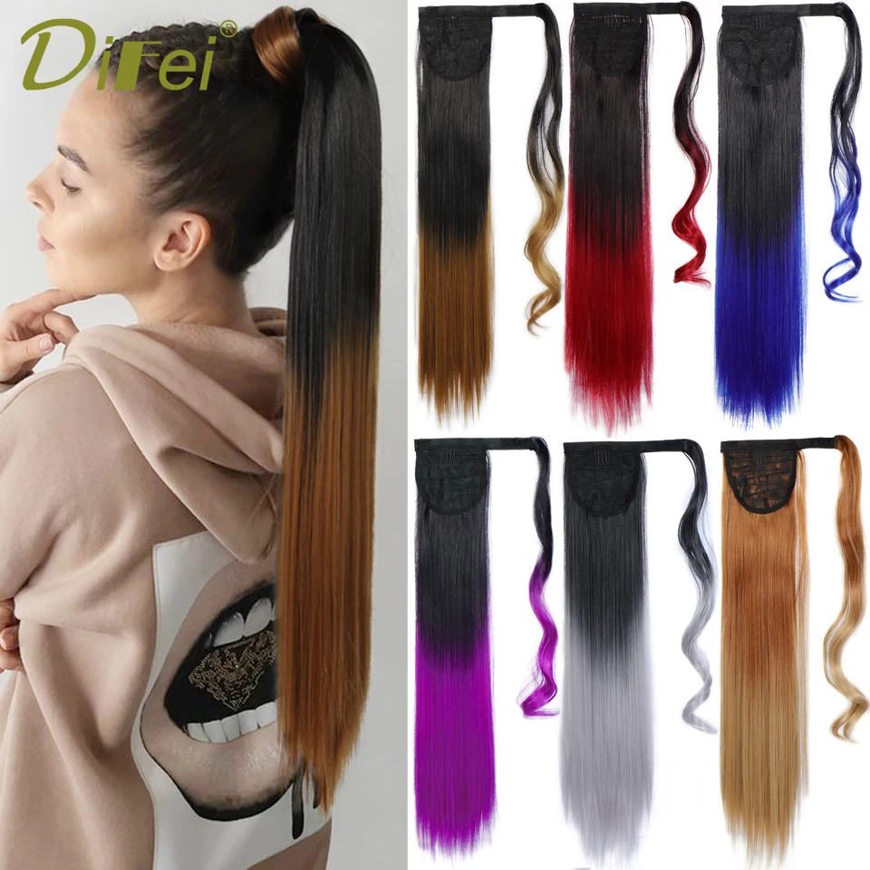 

DIFEI Synthetic Fake Hair Ponytail Long Straight Wrap Around Clip In Ponytail Hair Extension Heat Resistan Pony Tail Fake Hair