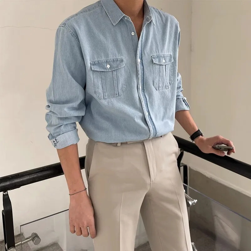 Denim Shirt Autumn Men's Light Luxury Retro Popular Denim Shirt Leisure Long Sleeve Button-down Premium Solid Color Business Pocket Shirt