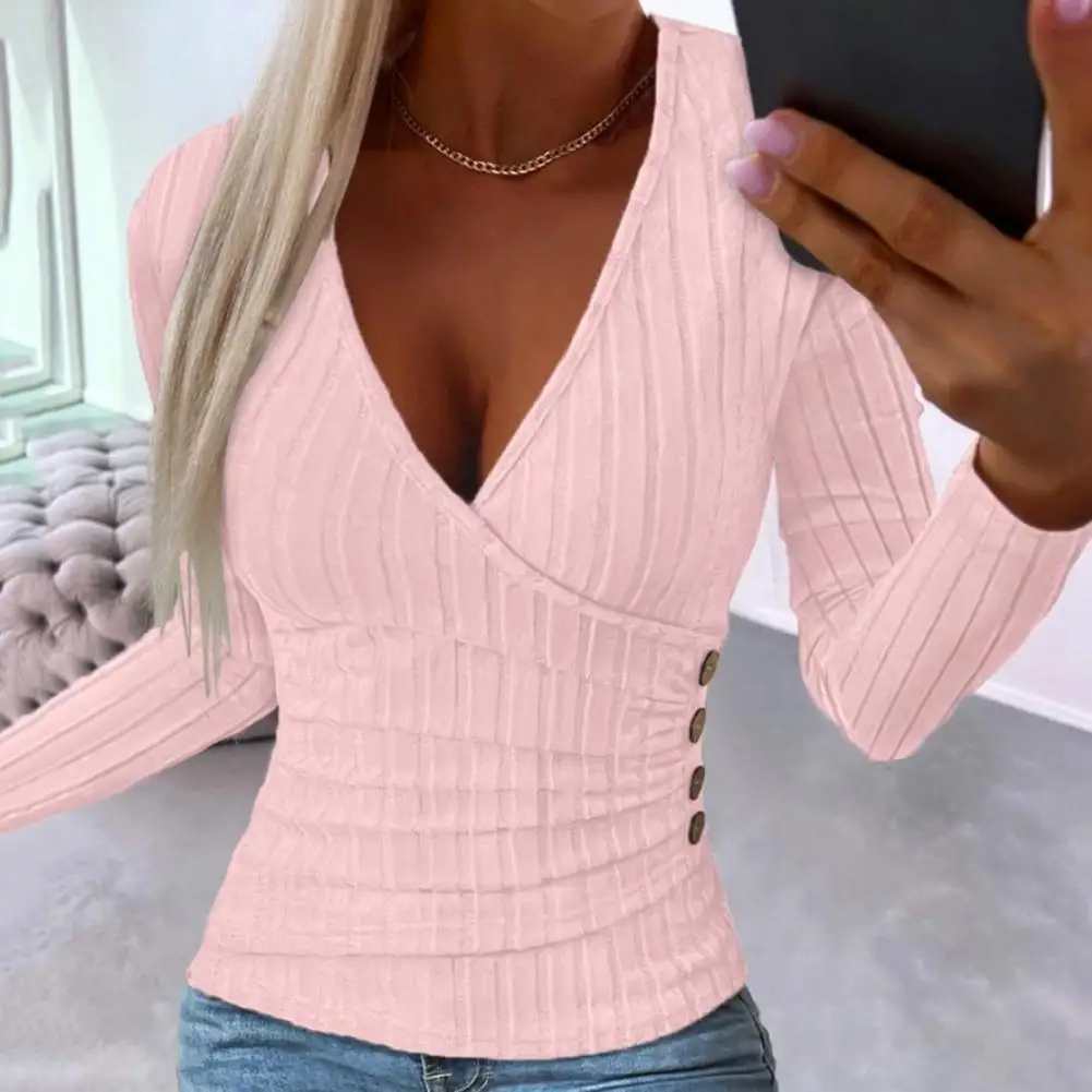 

V-neck Long Sleeve Top Elegant Deep V-neck Ribbed Tops Women's Autumn Fashion with Slim Fit Buttons Decor Versatile Style Button