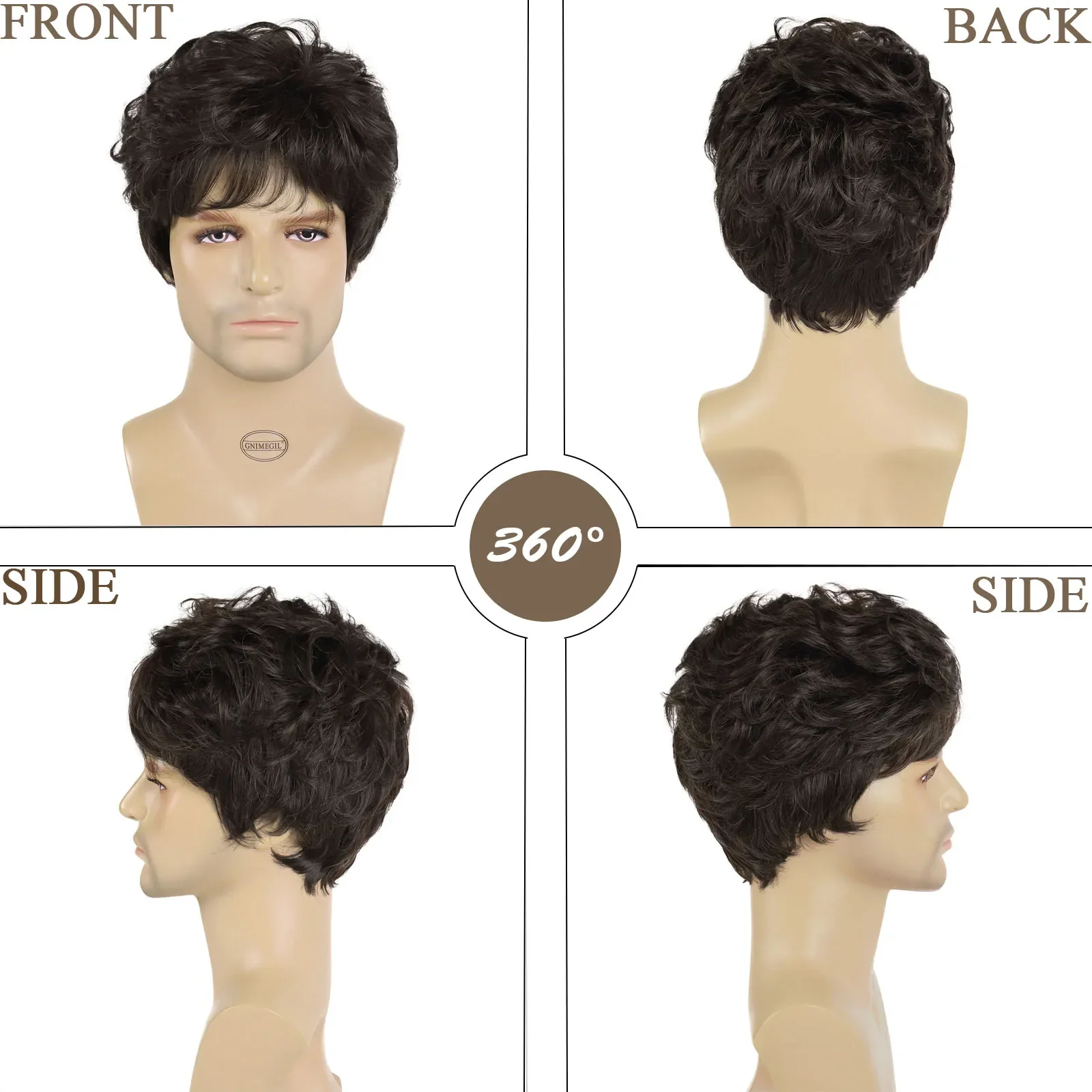 GNIMEGIL Synthetic Male Curly Wigs Short Haircuts Brown Color Hair with Bangs Fashion Hairstyles Handsome Wigs Cosplay Daddy Wig