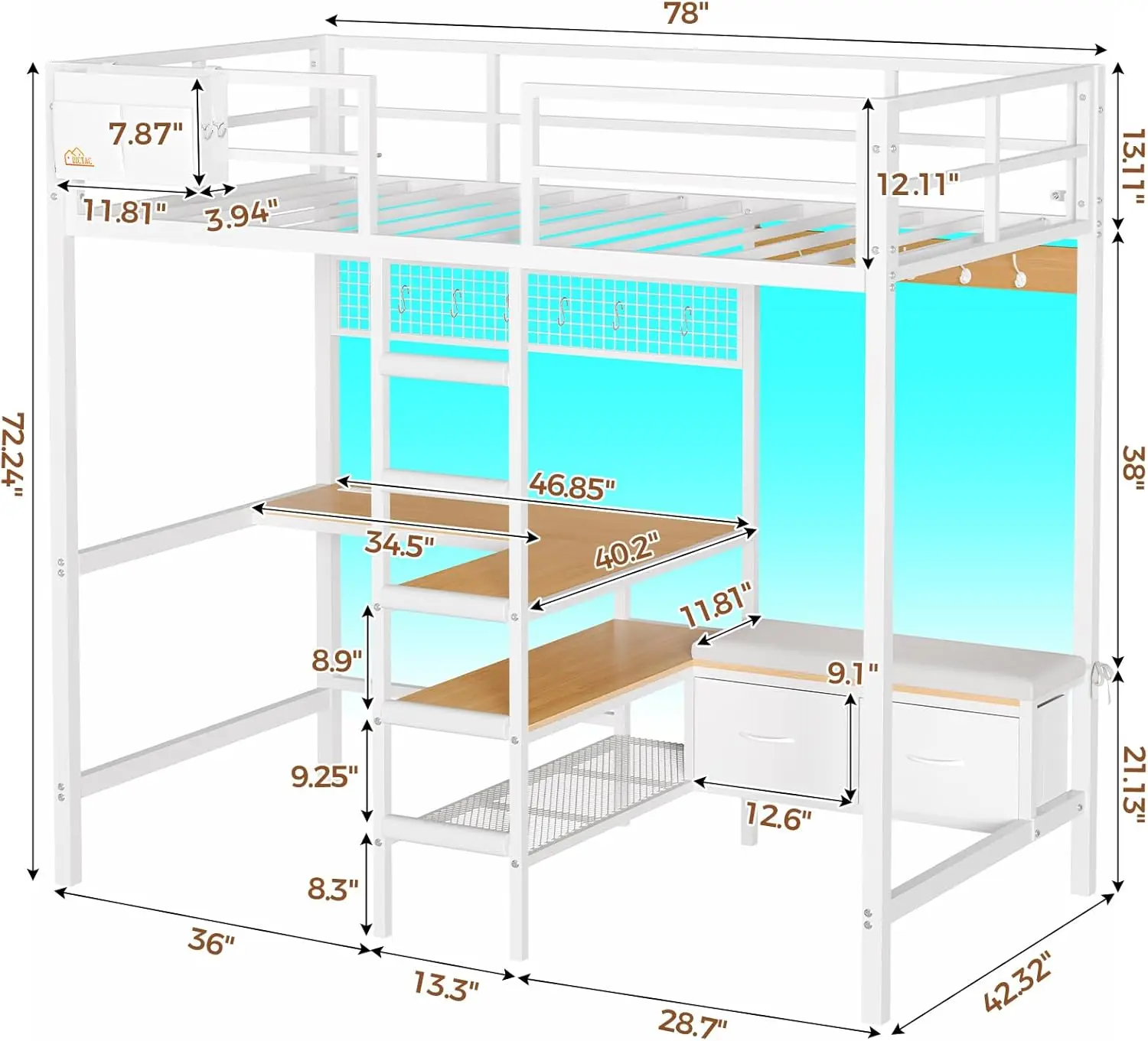 Twin Loft Bed with L-Shaped Desk Storage Shelves and Charging Station Twin Size Metal Loft Bed with LED Lights and Coat Rack wit