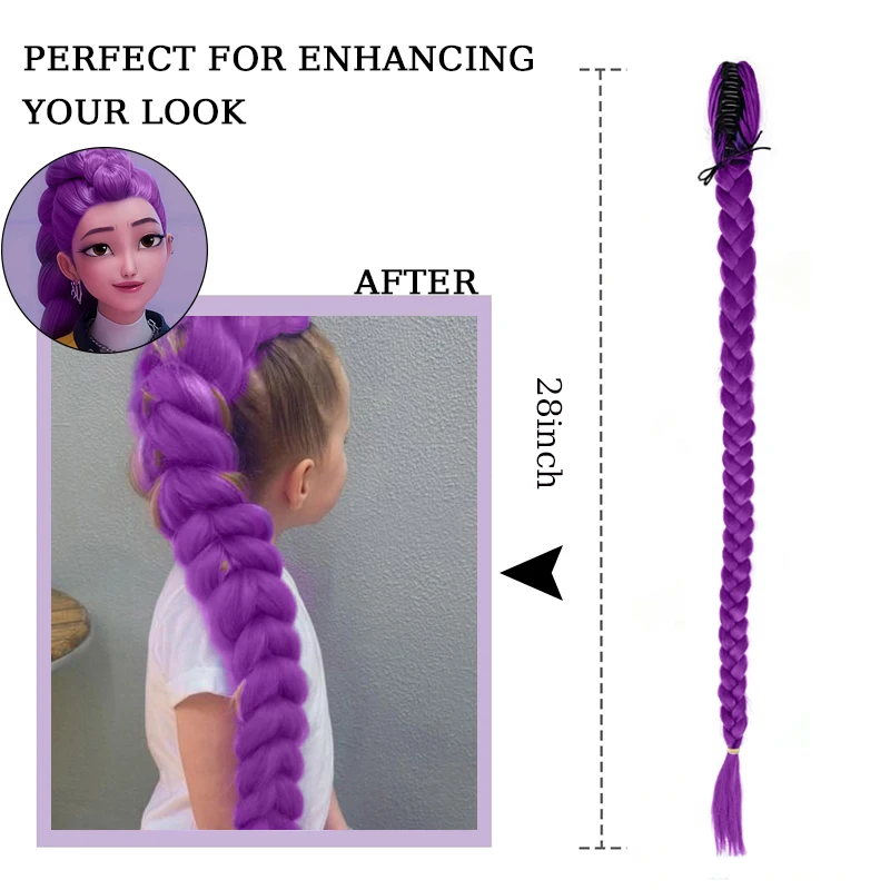 28inch Long Braided Purple Hair Ponytail Extensions Claw Clip Hair Wig for Kids Costume for Chritmas Theme Party Purple Wig Hair
