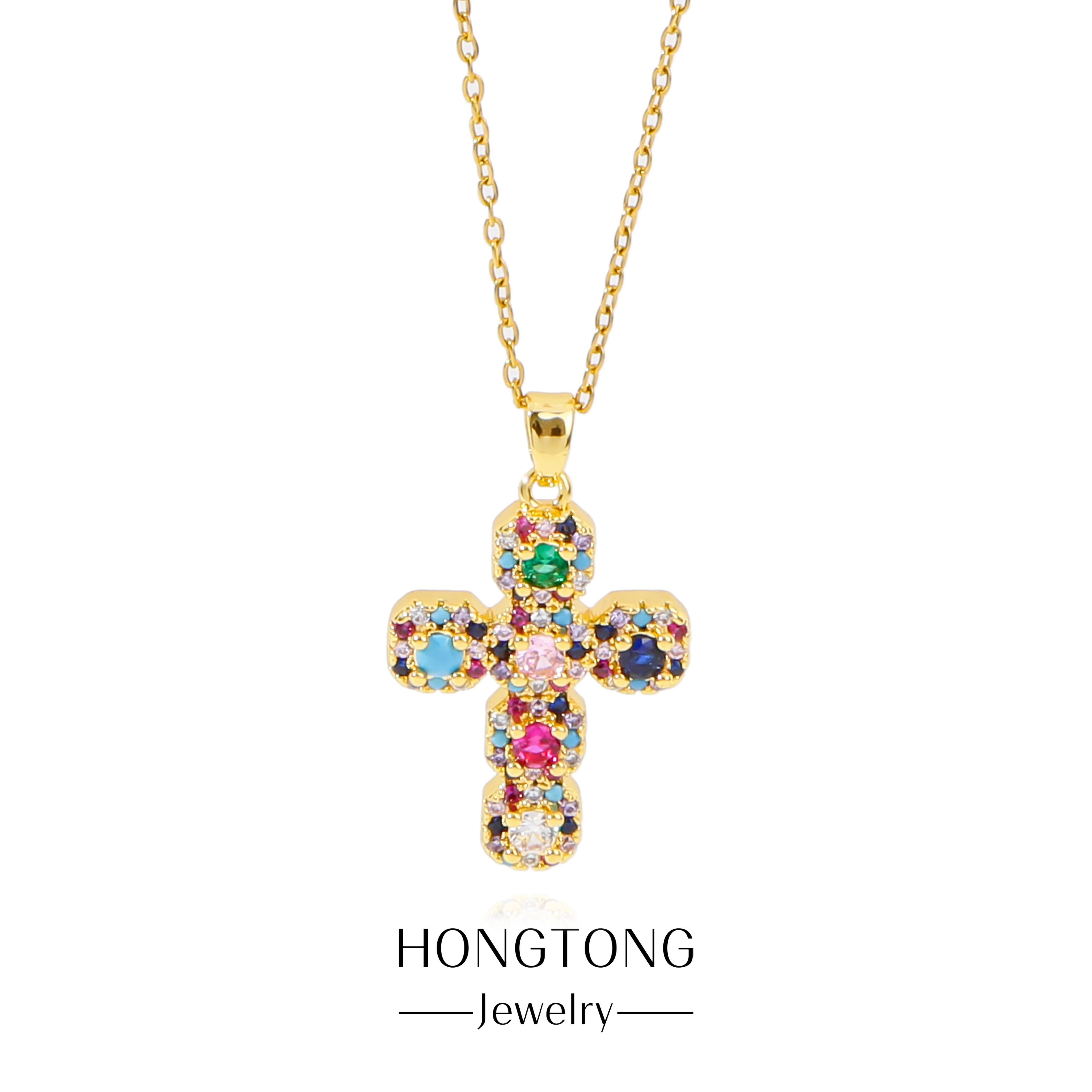 

HONGTONG Cross Pendant Necklace Women Men Fashion Chain Stainless Steel 18K Gold High Quality Jewelry Religious Faith Amulet