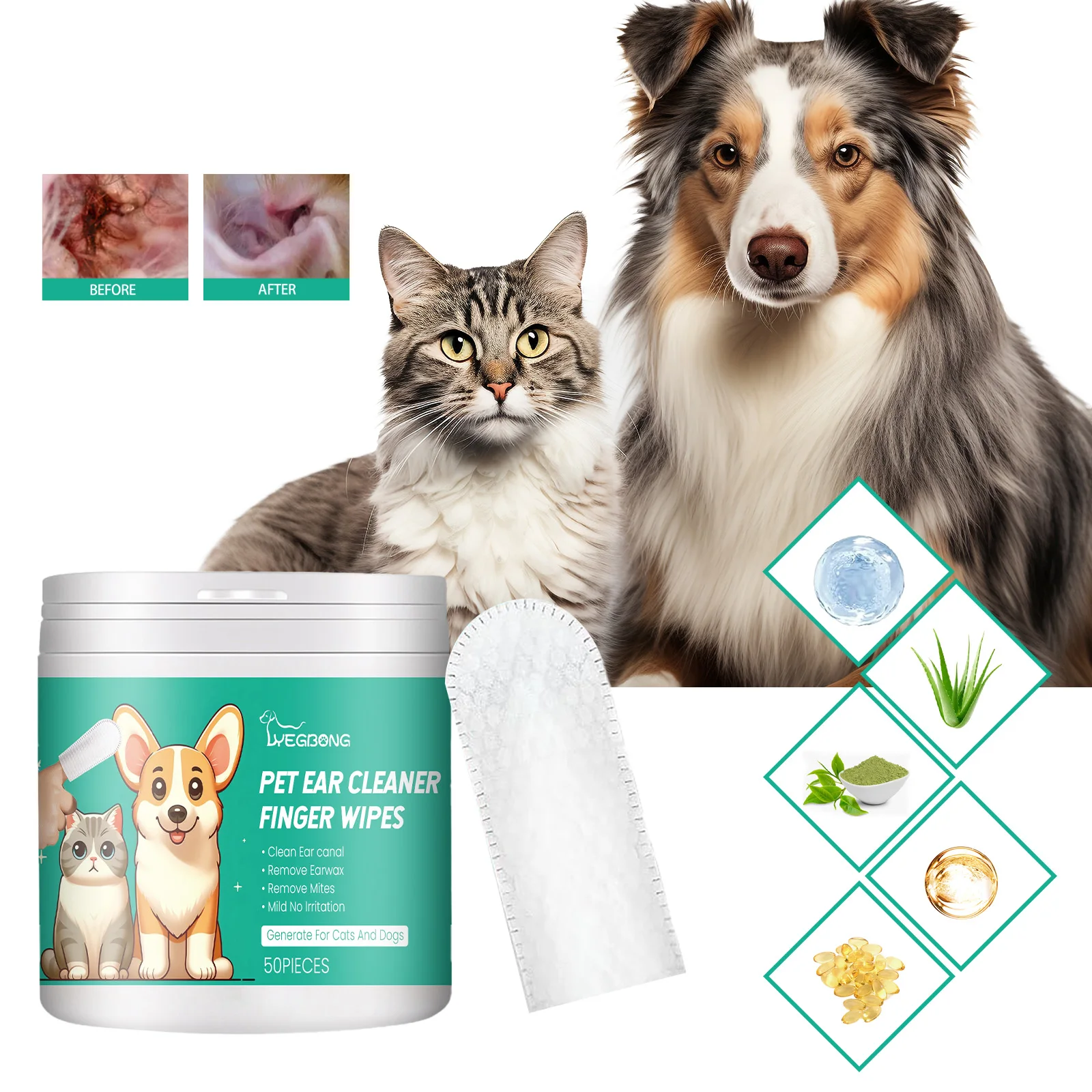 YEGBONG Dog Tooth & Ear Cleaning Wipes, Pet Dental Care Finger Wipes For Dogs&Cats - Reduces Plaque And Freshens Breath(50pcs) 1