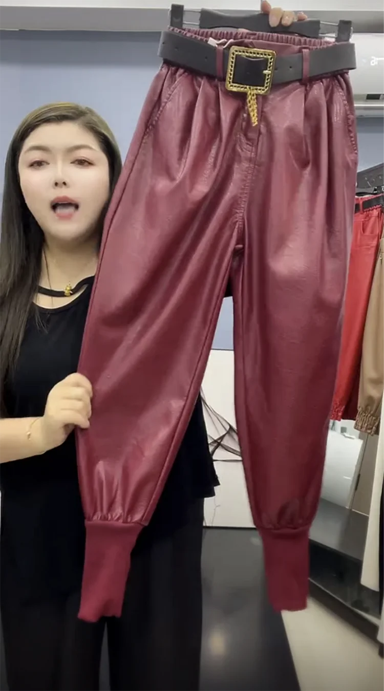 Pu leather pants Solid Color Warm Pants Women 2023 Autumn Winter Korean Loose Casual Pants Harm Trousers