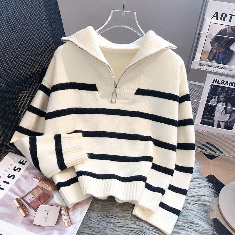 Fashion New Autumn and Winter Women's Zipper Lapel Long-sleeved Sweater Retro Striped Casual Knitwear Office Pullover Shirt