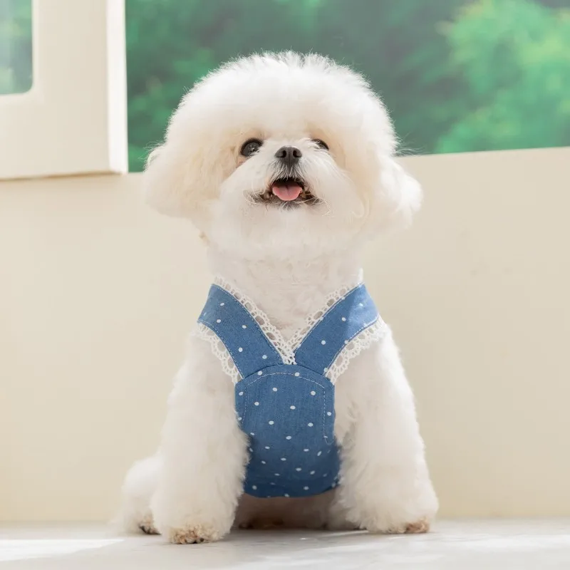 여름 데님 강아지 드레스 도트 무늬 리본 애완견 멜빵 고급 강아지 옷 고양이 의상 치와와 비숑 요키 여자 강아지 스커트 청바지 신상품