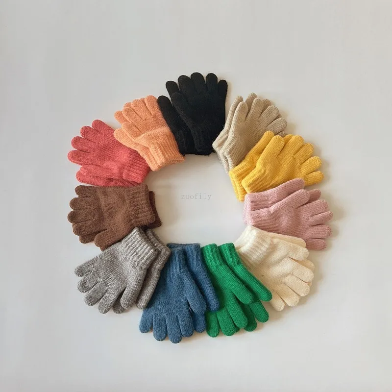 3-7Yrs Winter Children Girls Soft Full Finger Solid Thicken Warm Gloves Baby Outdoor Warm Boys Mittens Acrylic Gloves for Kids