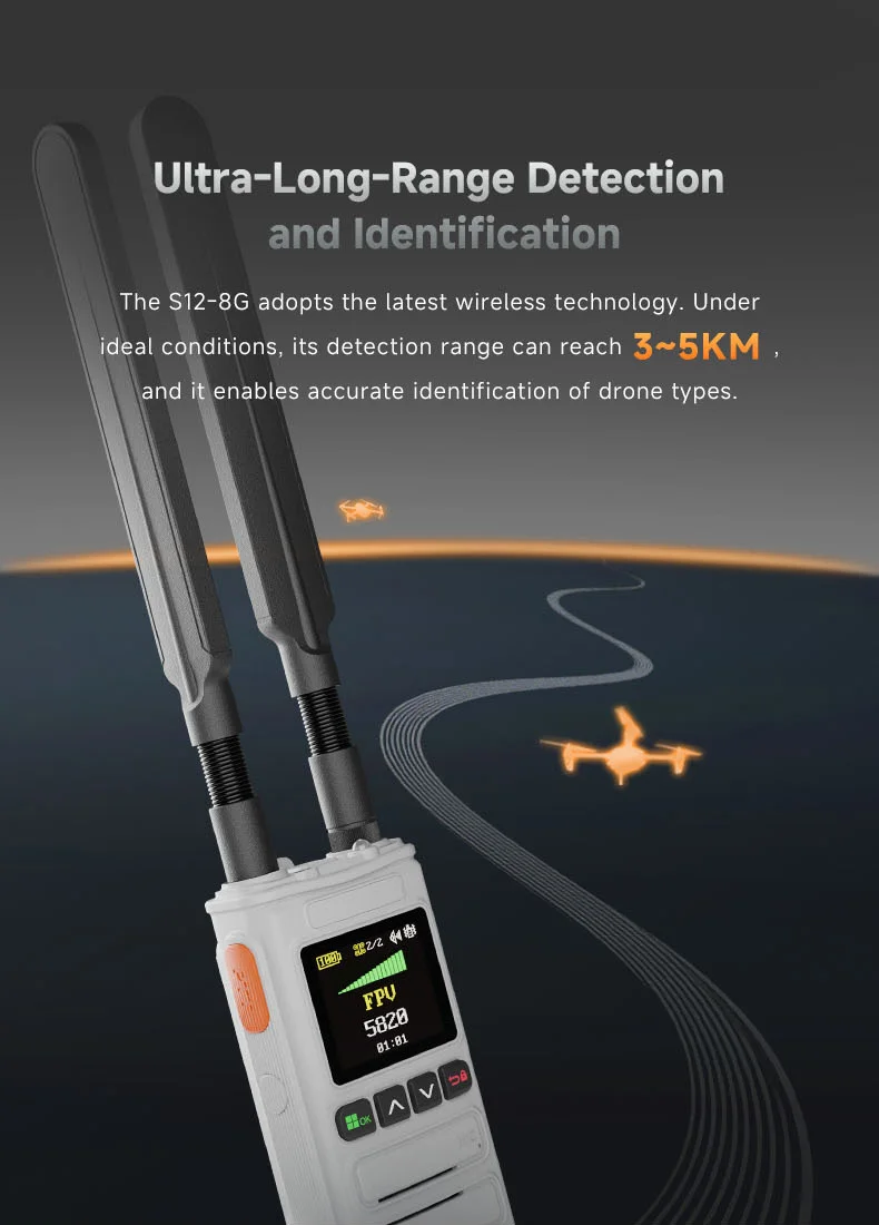 Skydroid S12-8G 8GHz 3km-5km Drone Detector, Handheld Alarm with 6000mAh Battery