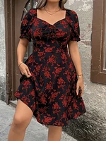 Plus Size Floral VNeck Dress Short Sleeve A-Line Midi Effortlessly Elegant for Day to Night Daily Wear
