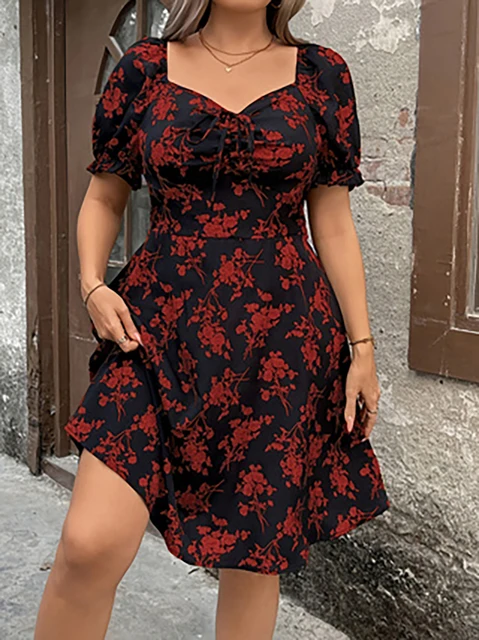 Plus Size Floral VNeck Dress Short Sleeve A-Line Midi Effortlessly Elegant for Day to Night Daily Wear