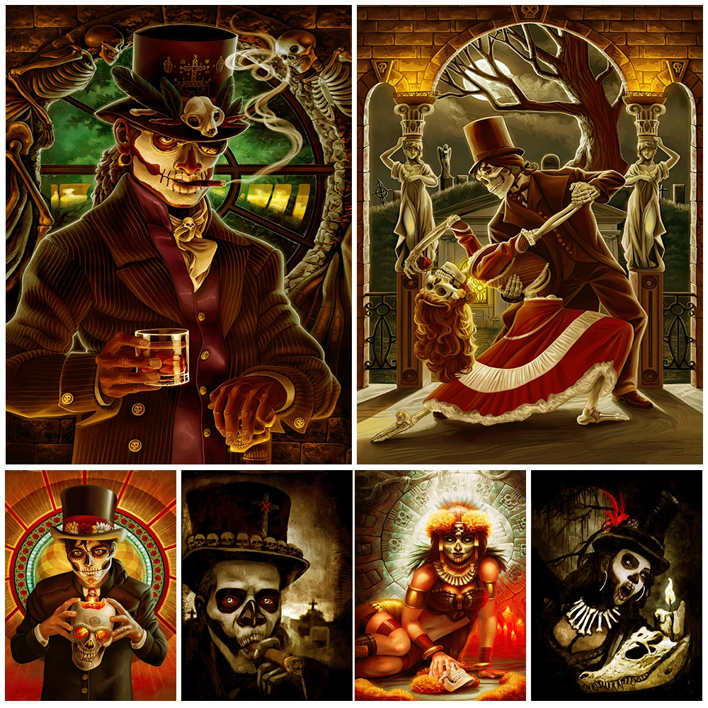 

Voodoo Baron And Dancing Skeletons Vintage Wall Art Canvas Painting Mysterious Shaman Art Poster And Print Home Decor Unframed