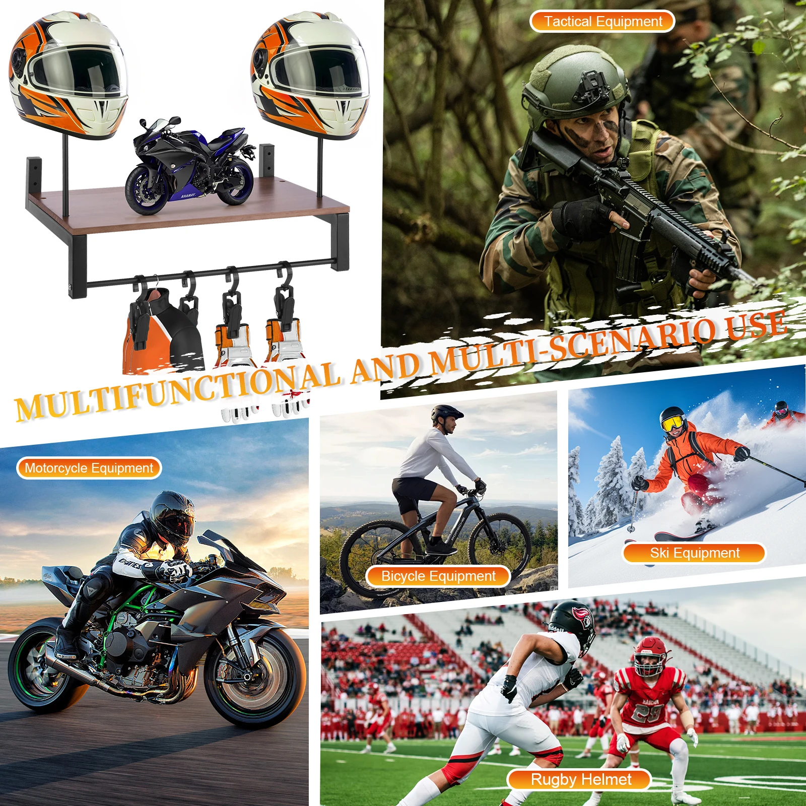  Wooden Motorcycle Helmet Holder Shelf with 5 Hook Wall Mount Gear Storage Display Rack Helmet Organizer Motocross Accessories