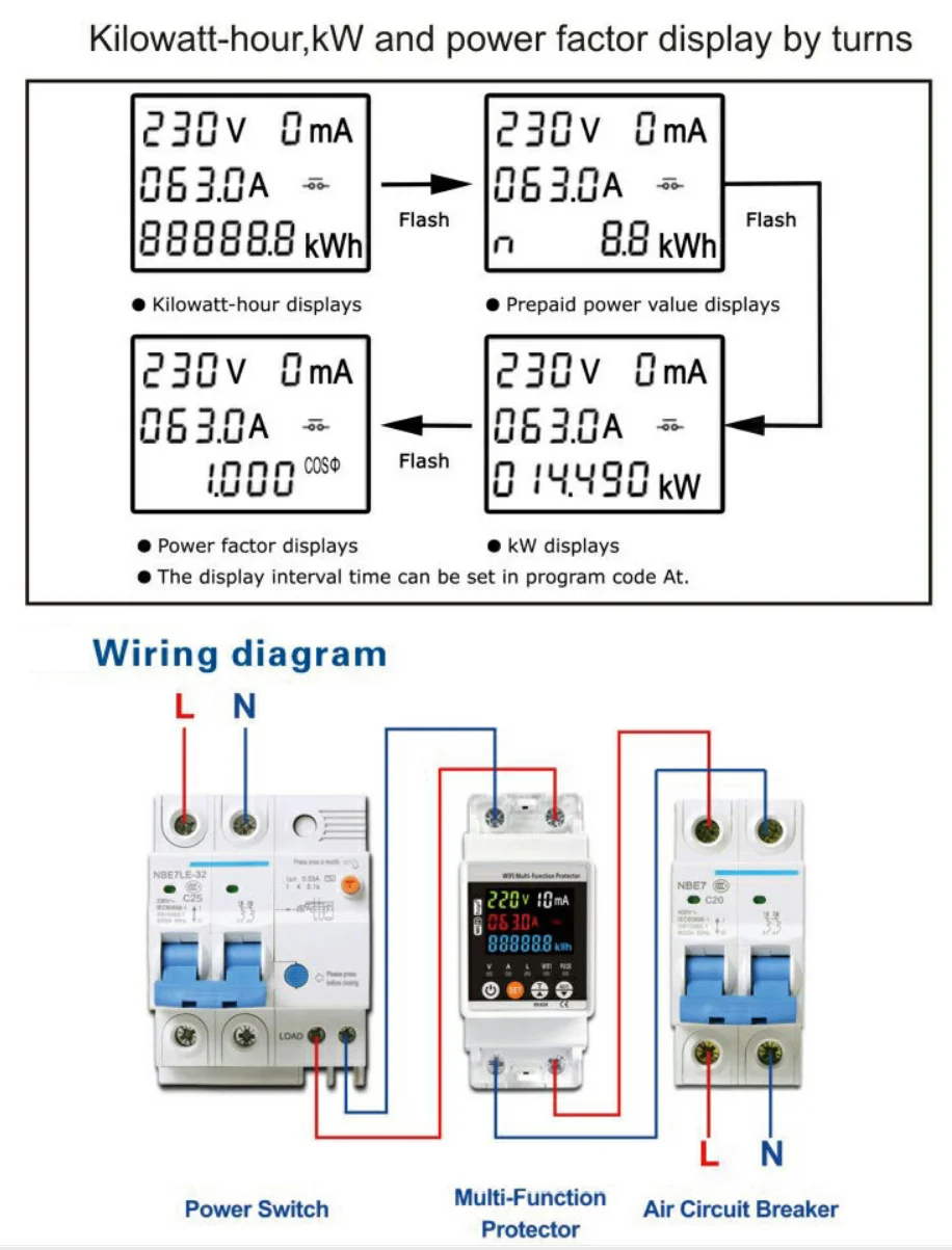 WIFI Smart JJMVPD-63LWS Switch TUYA Energy Meter Kwh Metering 63A Circuit Breaker Timer with voltage current and leakage protect