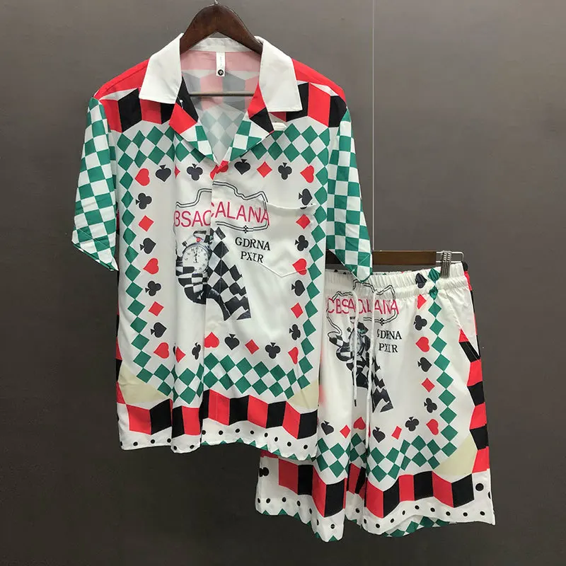 

Pattern Shirt Short Sleeve Casual Men Shirt Suit Streetwear Summer Camisa Fashion Masculina Plaid Color Contrast Set Moda Hombre