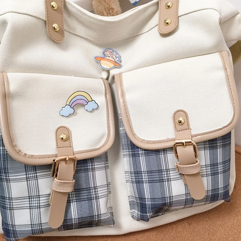 Plaid Crossbody Bag for Women Casual Shoulder Bag Cartoon Satchel Shopping Bags Canvas with Adjustable Strap
