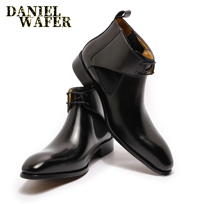 Luxury Design CHUKKA Boots Fashion Men's Genuine Leather Ankle Boots Lace-up Formal Mens Dress Shoes Black Brown Basic Men
