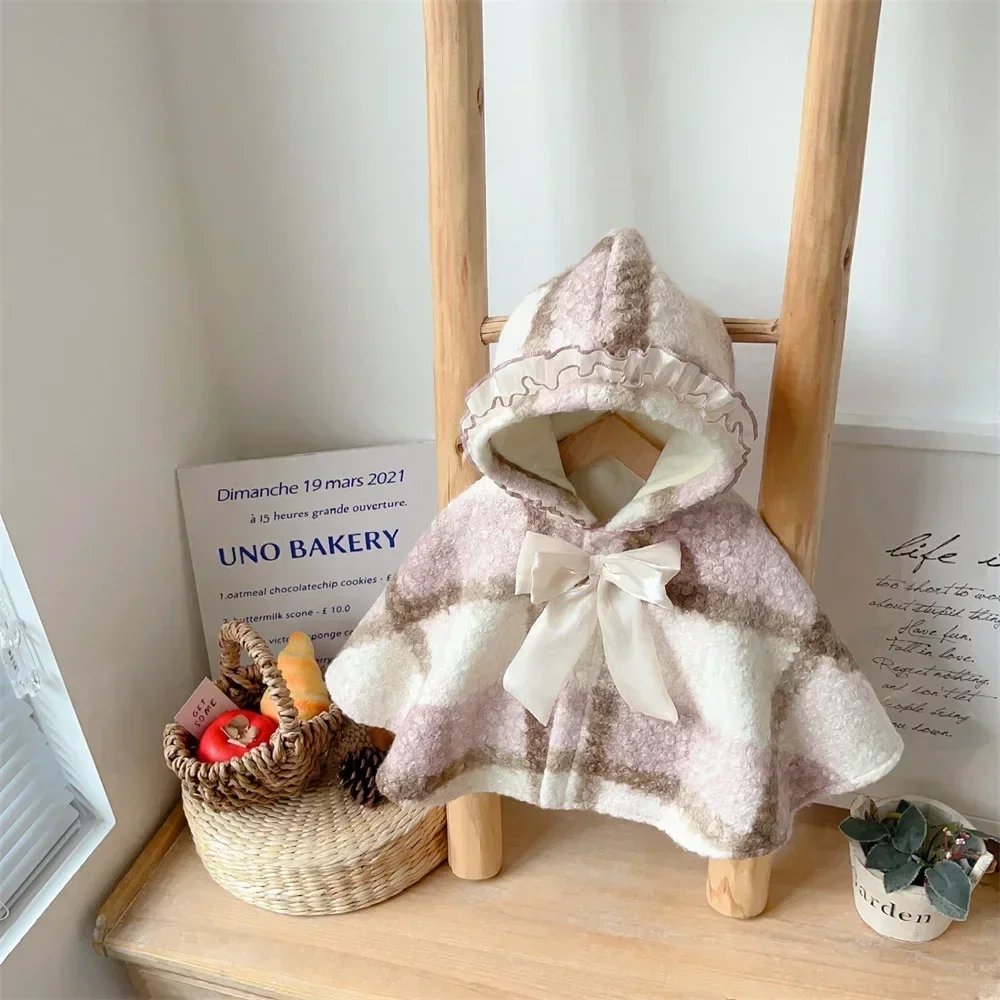 

Winter Infant Baby Girls Clothes, Cozy Coat Hooded Single-breasted Bow Ruched for 1-3 Years Old, Kids Soft Warm Cloak 3M-3Y