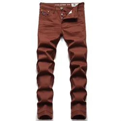 Men's Brown Solid Color Fashion Jeans 2022 Slim Stretch Pencil Pants Business Casual Classic Trousers Versatile Brand Pants