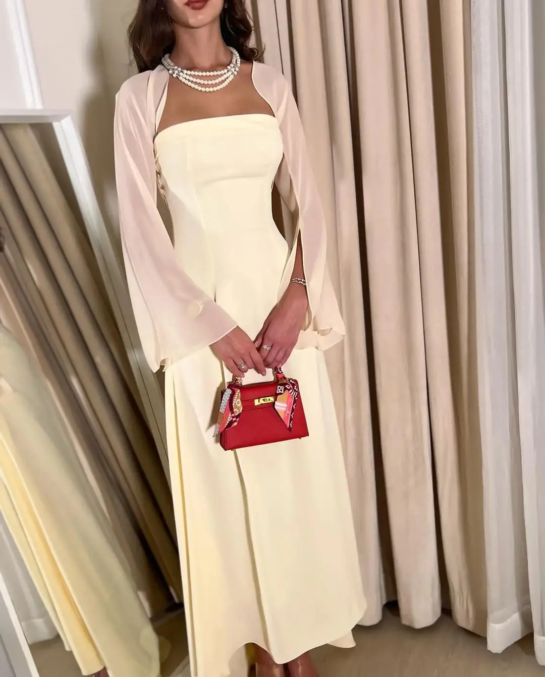 

2023 Elegant Strapless Women‘s Evening Dress With Cape Long Sleeves Ankle-length Arabia Formal Occasion Dresses платье женское