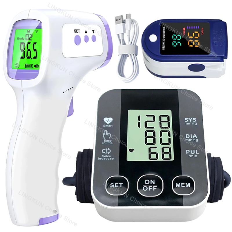 Blood Pressure Meter Medical Arm Blood Pressure Meter Tensiometers Tonometer Cuff Fever Thermometer Oximeter Heart Rate 3 IN 1 Set