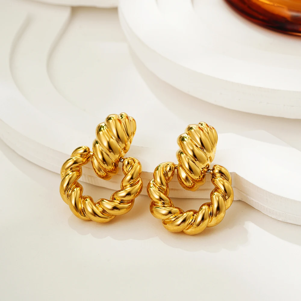 Chunky Rope Twist Circle Ear Hoops Gold Color Geometric Non Tarnish Stud Earrings Waterproof Lightweight Jewelry Pendientes Aros