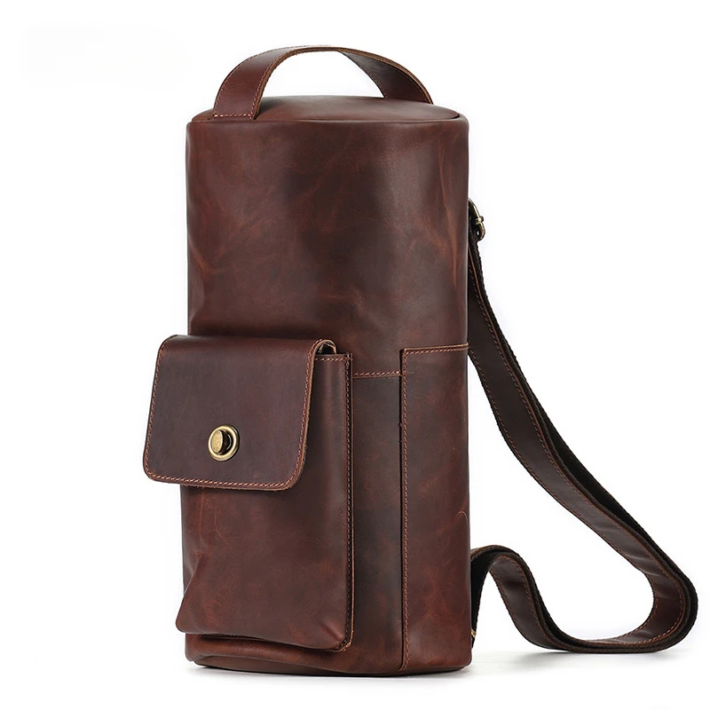 New Retro Crossbody Bag Niche Fashion Trend Cylinder Bag Men's Genuine Leather Crossbody Shoulder Bag