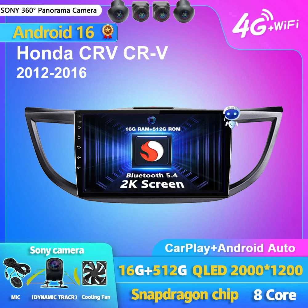 Radio Multimedia para Auto con Android 16 y Carplay para Honda CRV CR-V 2012-2016, WIFI+4G, DSP, Autoradio Estéreo 2din