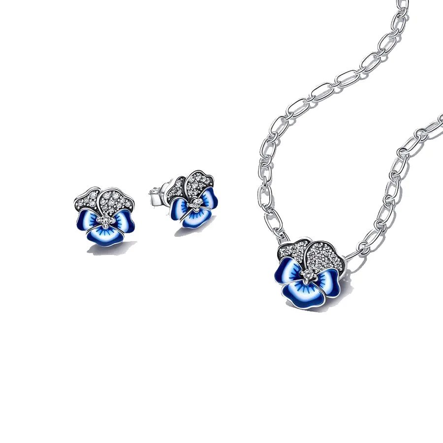 

New Fashion 925 Sterling Silver Pan Blue Pansy Flower Stud Earrings and 50cm Necklace Jewerly Set for Women