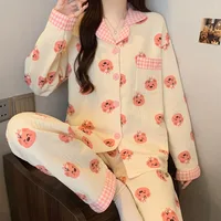 Two-Piece Set Ladies Pajamas Set Long-Sleeved Cartoon Sweet Cute Print Cardigan Home Wear Simple Sleepwear Winter Autumn New - Image 3