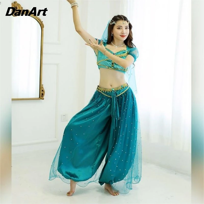 

Belly Dance Indian Bollywood Veil Top Pants Accessories Set Festival Halloween Festival Arabian Cosplay Princess Jasmine Costume