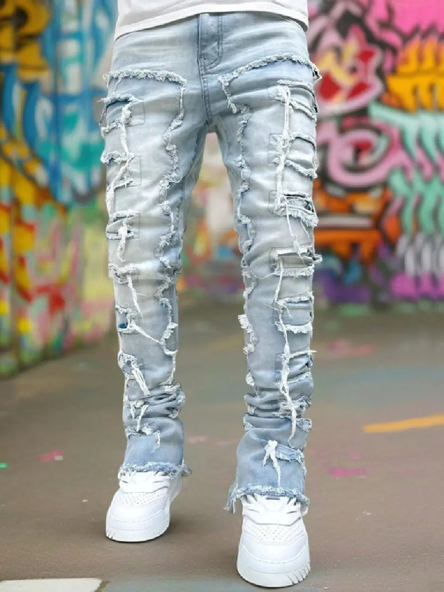 Ripped Jeans Male Retro Trend Street Style Fashion Spliced Slim Jeans Versatile  Men Casual Straight Denim Pants
