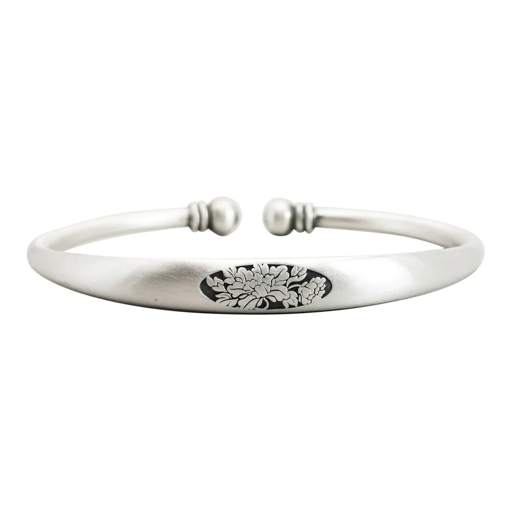 

Pure Silver 999 Peony Flower Bracelet Women's Open Retro Matte Simple Bracelet