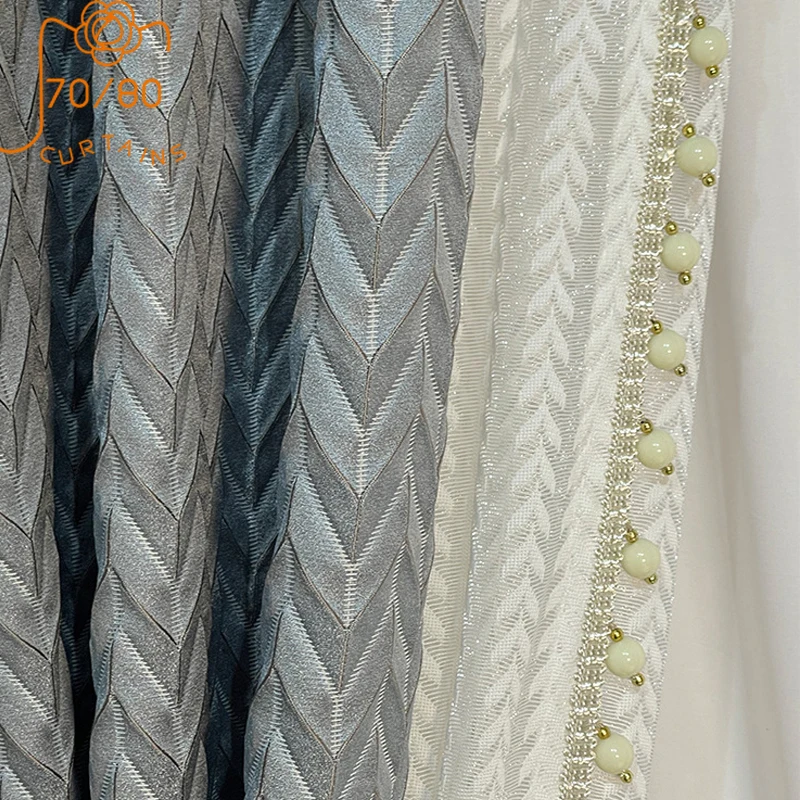 

Blue Cream Embossed High Precision Jacquard Blackout Curtains for Living Room Bedroom Finished Home Improvement Window Screen