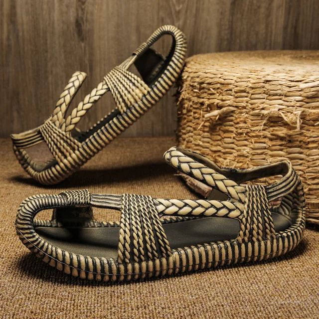 Sandales d'été en paille pour hommes, confortables, plates, décontractées, tongs, résistantes à l'usure, chaussures de plage en plein air, taille 47 1