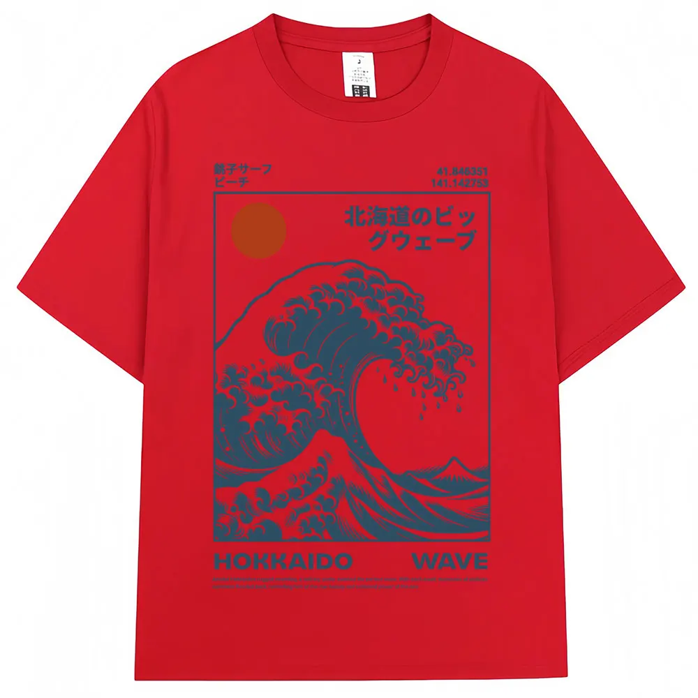 Vintage Japanese Hokkaido Wave Oversized Cotton Tee - Unisex Harajuku Fashion Summer T-Shirt