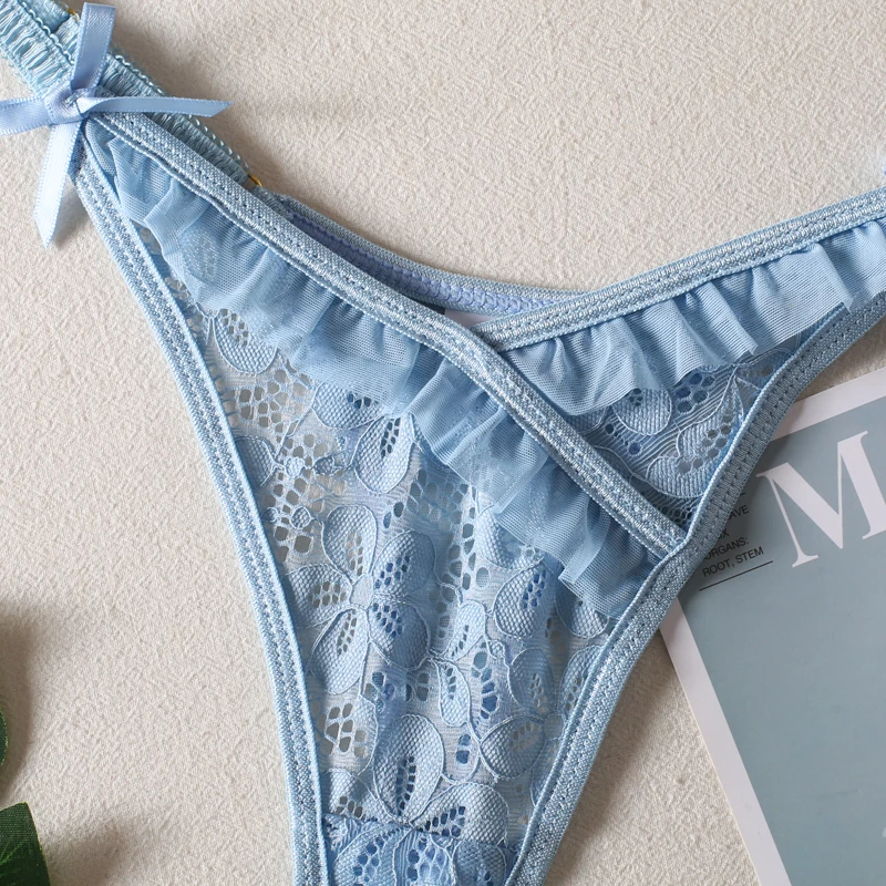 Blue floral cup detail with underwire shape and elegant feminine finish