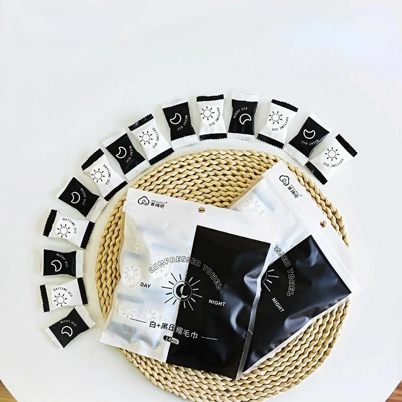 

14Pcs/Bag Disposable Compressed Towel Wet & Dry Day & Night Dual Use Plain Pearl Stripe Facial Cleansing Towel Cotton Tissue