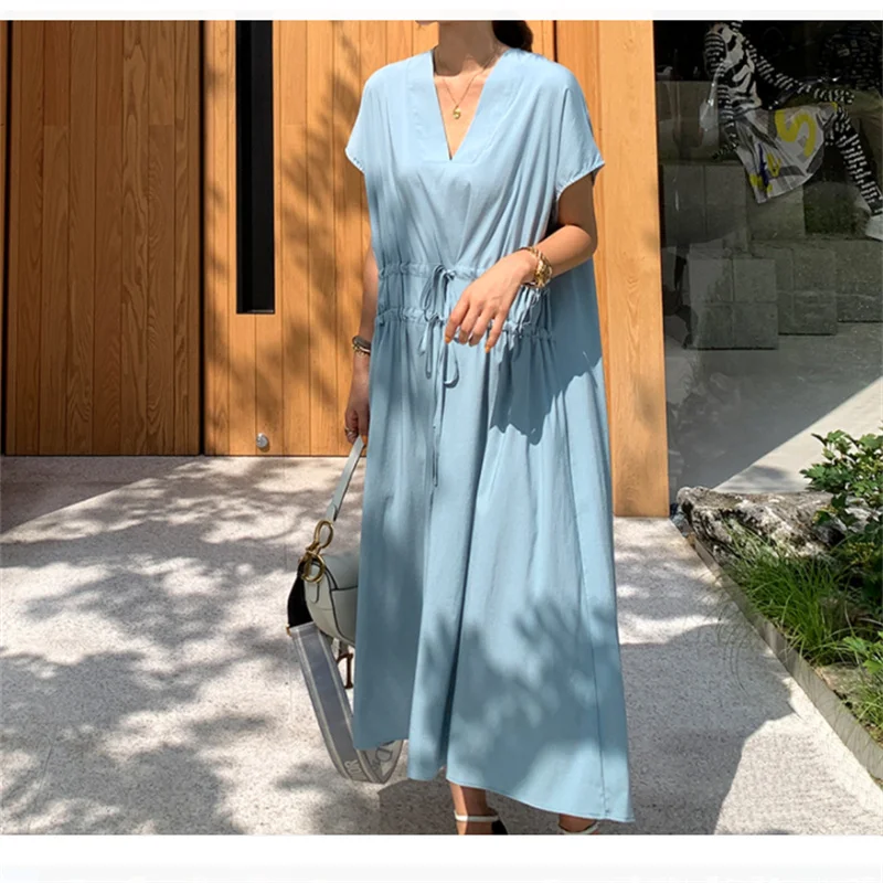 

2022 Summer Dress For Women Casual Short Sleeve V-Neck Loose Dress Simple Restrained Waist Solid Color Long Maxi Dress Oversized
