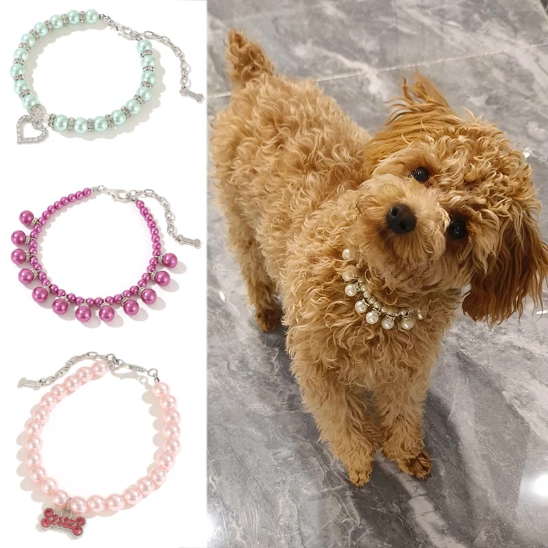 Luxury Pearl Pendant Puppy Dog Necklace Collar for Small Dogs Cats