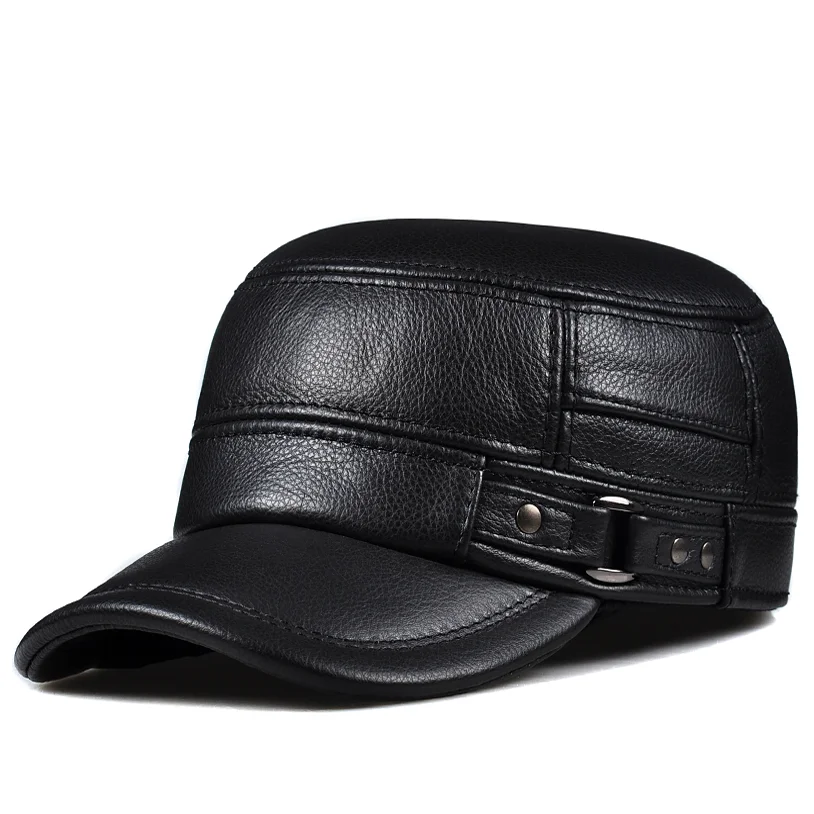 Winter Genuine Leather Cap Men's Flat Caps Warm Army Military Hat Elegant Man Baseball Cap British Vintage Cowhide Leather Hat baseball cap flat cap leather hat