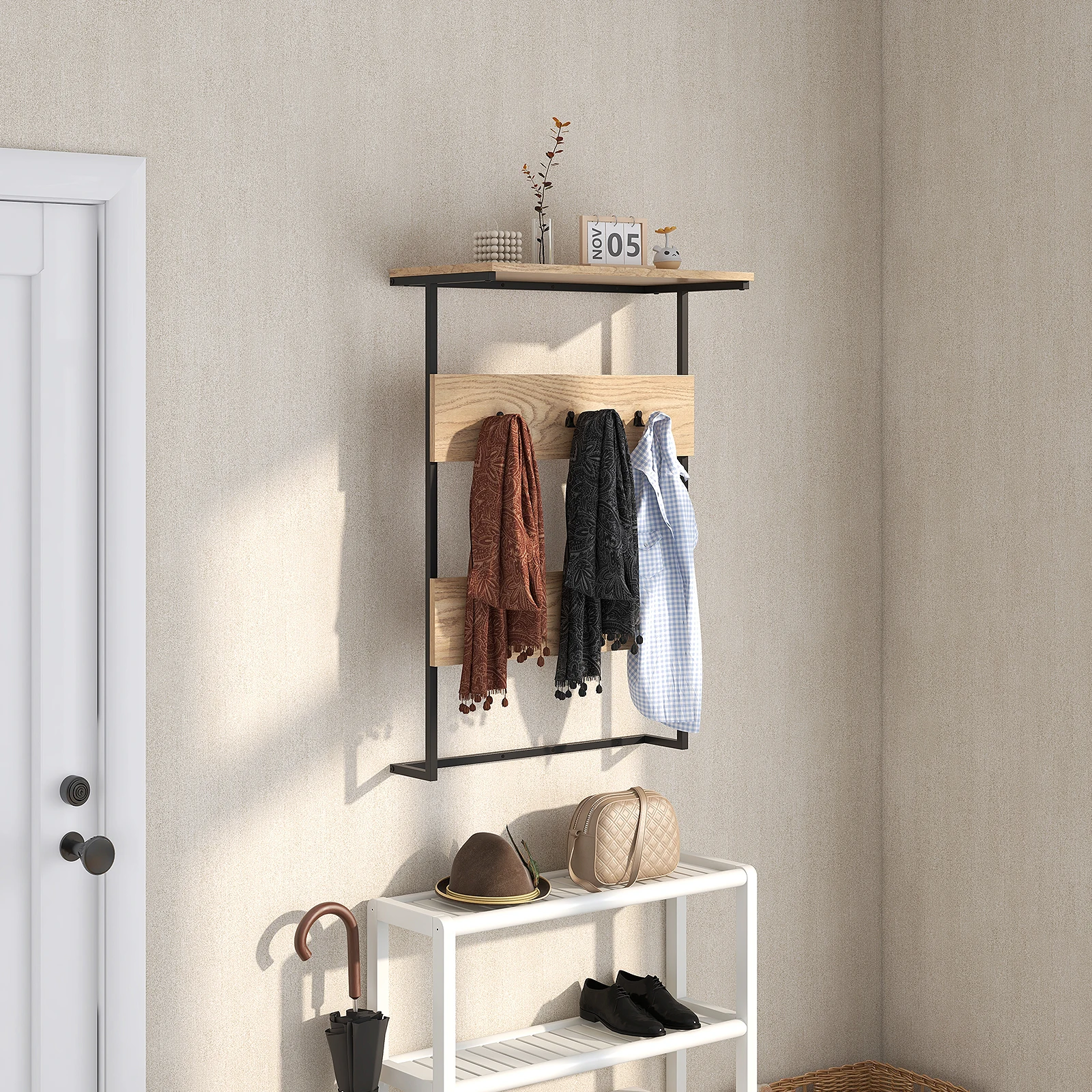 Wandgarderobe mit Ablage, Wandregal mit 6 Haken, Garderobenleiste industriell mit Metallrahmen, Kleiderstange Garderobenpaneel – Detail 1