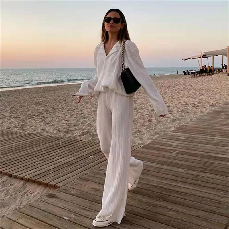 Set Women's 2 Piece Long Sleeve Button Shirt Pants Casual 2 Piece Set Women's Fitness Clothing Pleated Lounge Clothes Set