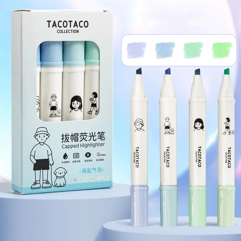 4 個 Tacotaco カラー蛍光ペンセット漫画キャップアートマーカー描画