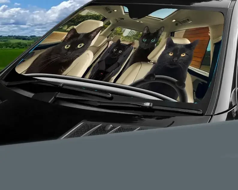 Black Cat Family Car Sunshade, Cats Auto Sun Shade, Car Auto Sun Shade Windshield, Accessories, Cat Love