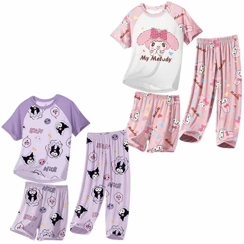 

Детские шорты с коротким рукавом Sanrios Cinnamoroll Kuromi My Melody, штаны, домашняя одежда, костюм, мультяшная Милая летняя пижама для девочек