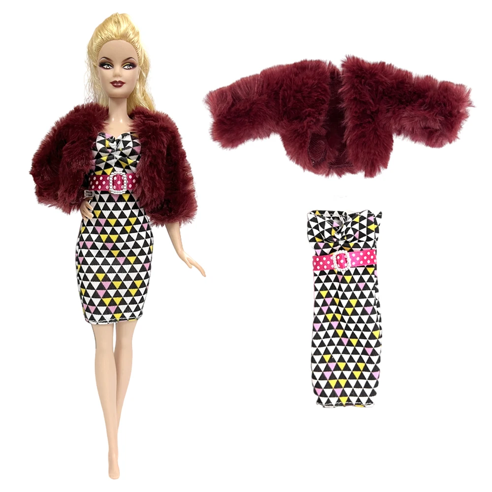 

NK Official 1 Set Outfit Brown Top Fur Coat Grey Wave Point Skirt Dress Party Wear 1/6 Doll Clothes for Barbie Doll Accessories