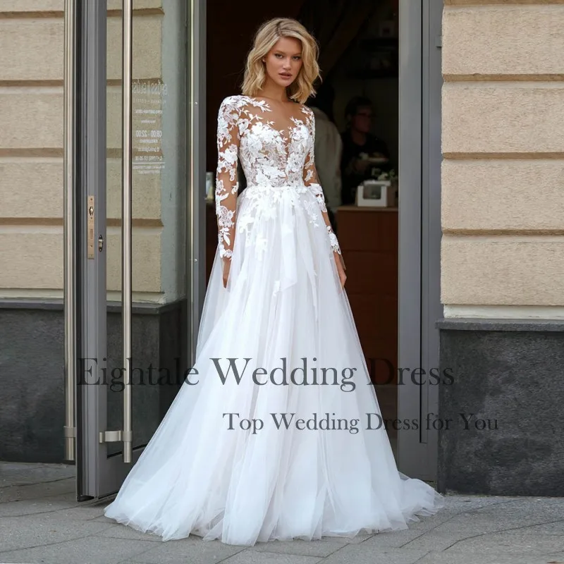 Eightale Elegant Wedding Dress with Long Sleeves Customized Appliques Lace Tulle White Ivory Bridal Gown Vestido De Noiva 2
